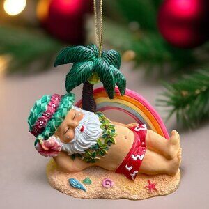Tropical Sleeping Santa Ornament–Beach Nap Palm Tree Rainbow–Hawaiian Christmas
